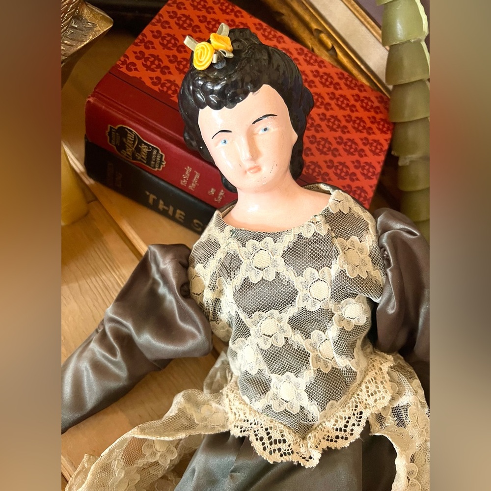 Antique 1900’s China Bisque Hand Painted Doll With Olive Green Silk Dress 19”